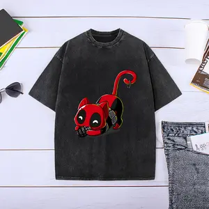 Retro Faded Classic Deadpool Print Washed Cotton T-Shirt