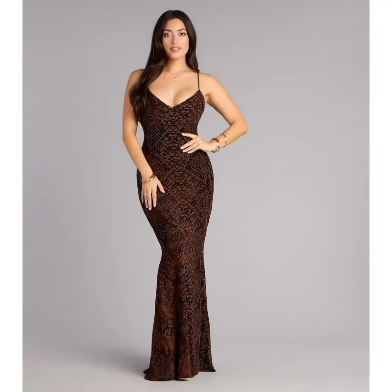 brown velvet burnout dress Angela Mulberry Velvet Burnout Long Sleeve Maxi Dress - XS Size - Women's Dresses