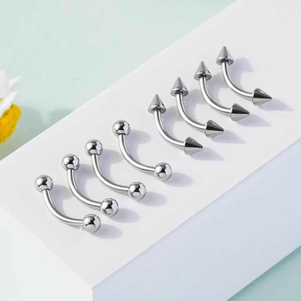 OUFER 16G 8PCS 316L Stainless Steel Basic Threaded Bar Piercing Set - 8mm, 1.2mm Gauge, Balls & Spikes, Eyebrow Ring, for Rook & Body Piercings, Daily Stylish Fashion Body Jewelry
