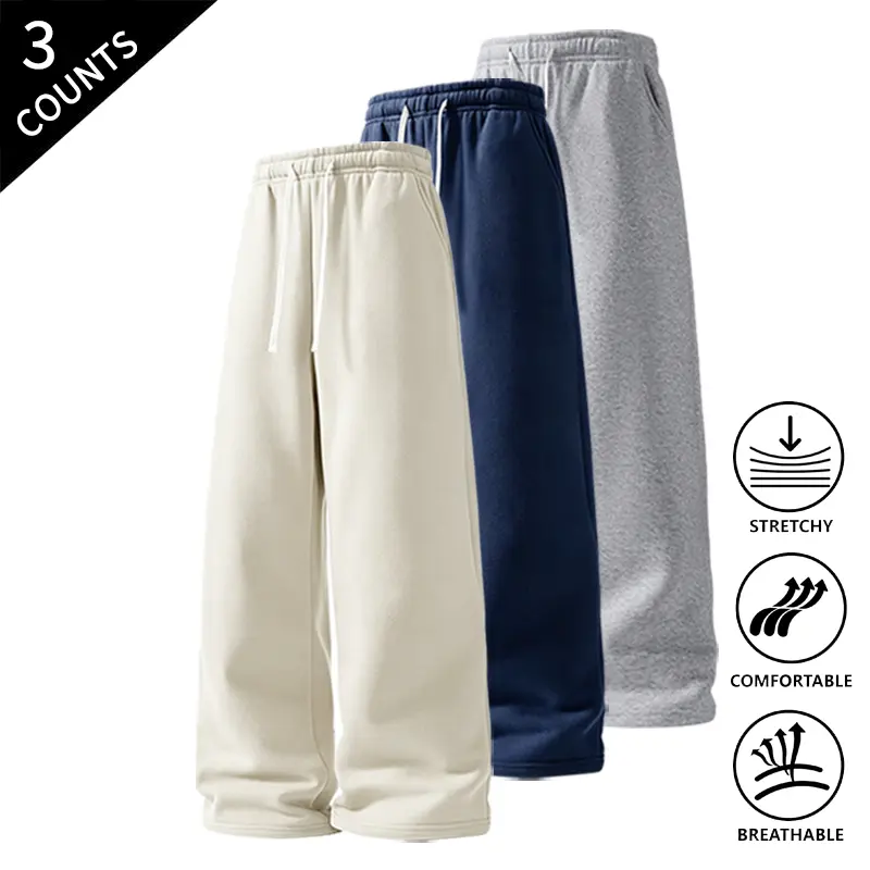 3-Pack Men’s Straight-Leg Streetwear Pants, Elastic Drawstring Waist, Stretchable & Breathable, Comfortable Loose-Fit Sweatpants for Men