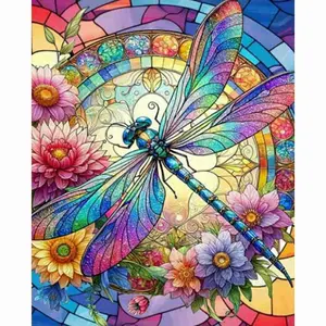 Stained Glass Style Rainbow Dragonfly with Flowers Diamond Painting Kit, 5D Full Drill Round & Square Rhinestone Cross Stitch, Vibrant Colorful Floral & Dragonfly Art, Mosaic Pattern Background, Nature Inspired Home Decor, Whimsical Insect