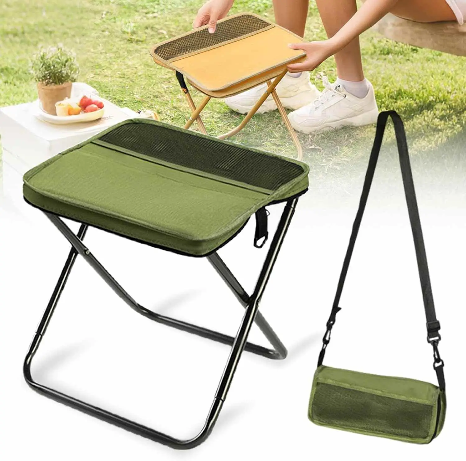 Breathable Mesh Folding Stool, Lightweight Portable Seat for Camping, Hiking, Beach Days, Tailgating and Festivals