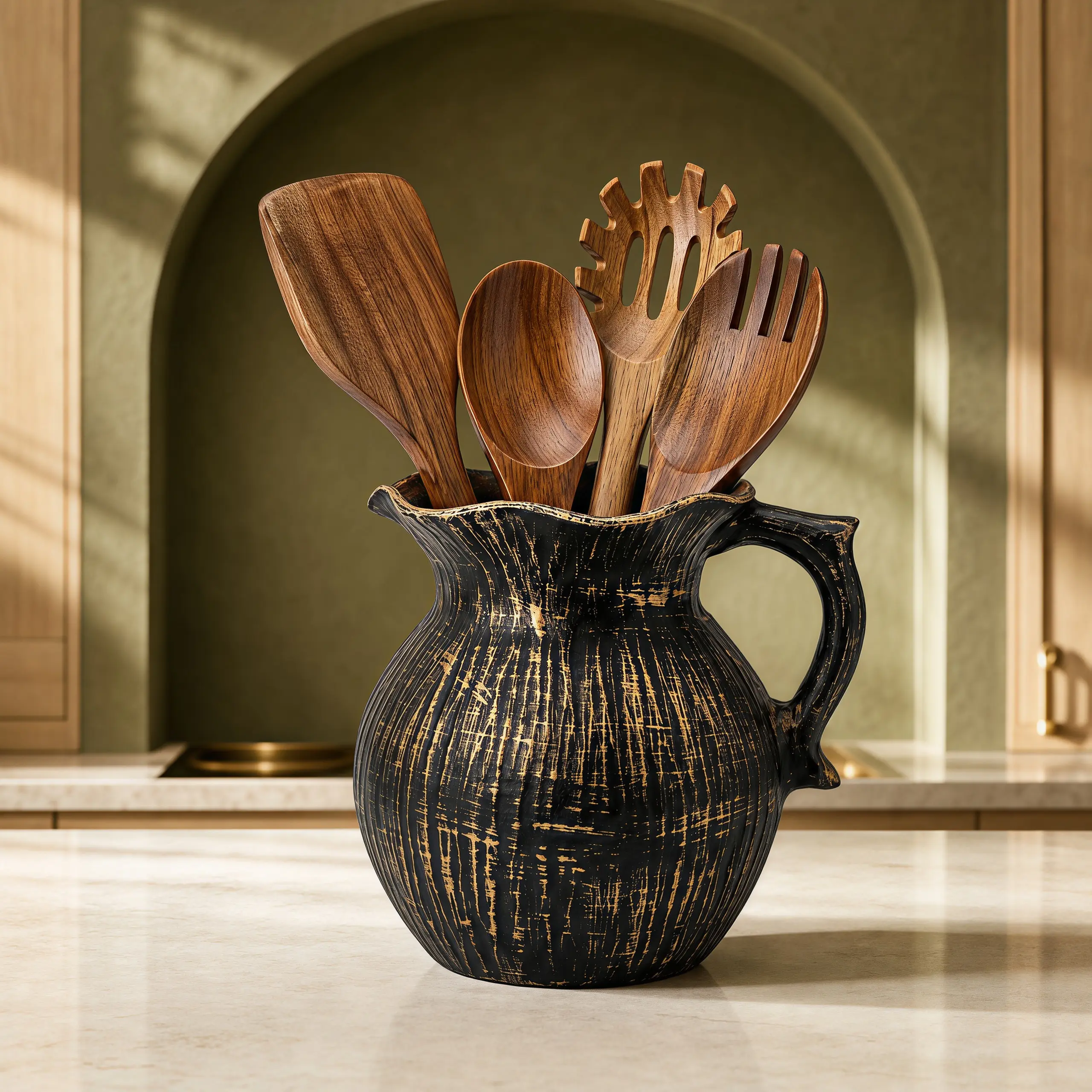 COCOLANCO 7.5" Utensil Holder, Ceramic Kitchen Utensil Holder with Handler, Large Utensil Crock for Countertop, Vintage Cooking Tool Organizer Set for Kitchen Counter Decor(black and gold)