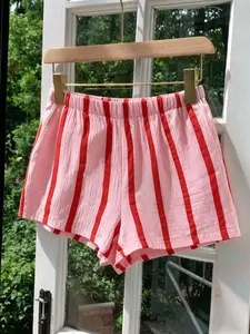 Women's Pink Red Vertical Striped Casual Shorts, Summer Lightweight Breathable Elastic Loose Fit Lounge Shorts for Vacation Daily Wear