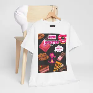 Junk Monster cartoon junk food collage T-Shirt | donut pizza cookies candy