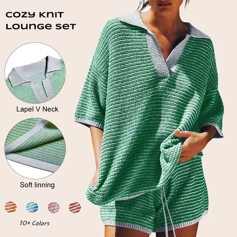 Imily Bela Womens Sweater Set 2 Piece Outfits Oversized 3/4 Sleeve V Neck Knit Tops High Waisted Shorts Lounge Sets