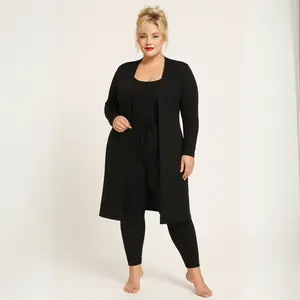 Plus-Size Ribbed Lounge Set - Cozy Long Cardigan & High-Waisted Leggings with Drawstring - All-Season Wear - Chic & Casual Style