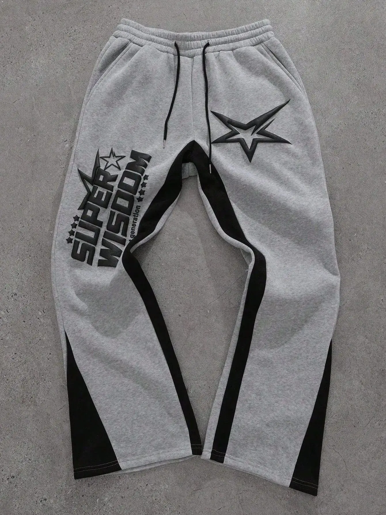 Novo Style  Letter & Star Print Grey Drawstring Waist Sweatpants, Boyfriend Gifts, Christmas Gifts, Street Wear Long Baggy Flare Color Block Sweatpants, For Husband, For Rave