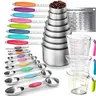 SLOWCURL 21-Piece Durable Stainless Steel Measuring Cups and Spoons Set for Bakers, Kitchen & Baking & Cooking Use, Color-Coded Handles, Accurate Graduated Bowls & Ruler, Magnetic Easy Storage, Kitchen Utensils