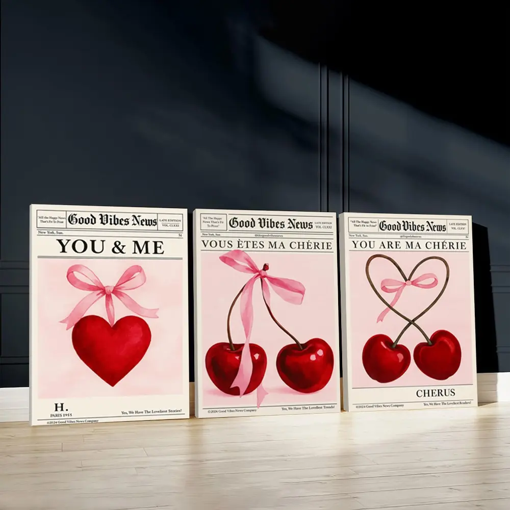 3pcs Set You and Me Wall Art, Decoration Items, Unique Artwork, Heartfelt Romance Poster, Chocolate and Love Art Prints, Cherries Connection Home Decor, Modern Wall Paintings, Canvas Posters Wall Arts, Decor for Living Room, Bedroom, With Frame