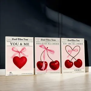 3pcs Set You and Me Wall Art, Unique Artwork, Heartfelt Romance Poster, Chocolate and Love Art Prints, Cherries Connection Home Decor, Modern Wall Paintings, Cozy Canvas Posters Wall Arts, Decor for Living Room, Restaurant, Kitchen, Bedroom, With Frame