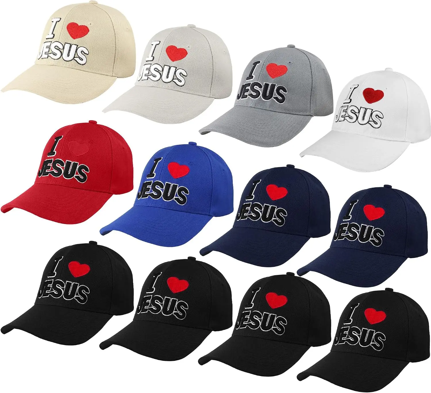 Wholesale 12-Pack I Love Jesus Baseball Cap Assorted Colors Adjustable Size Dad Hats