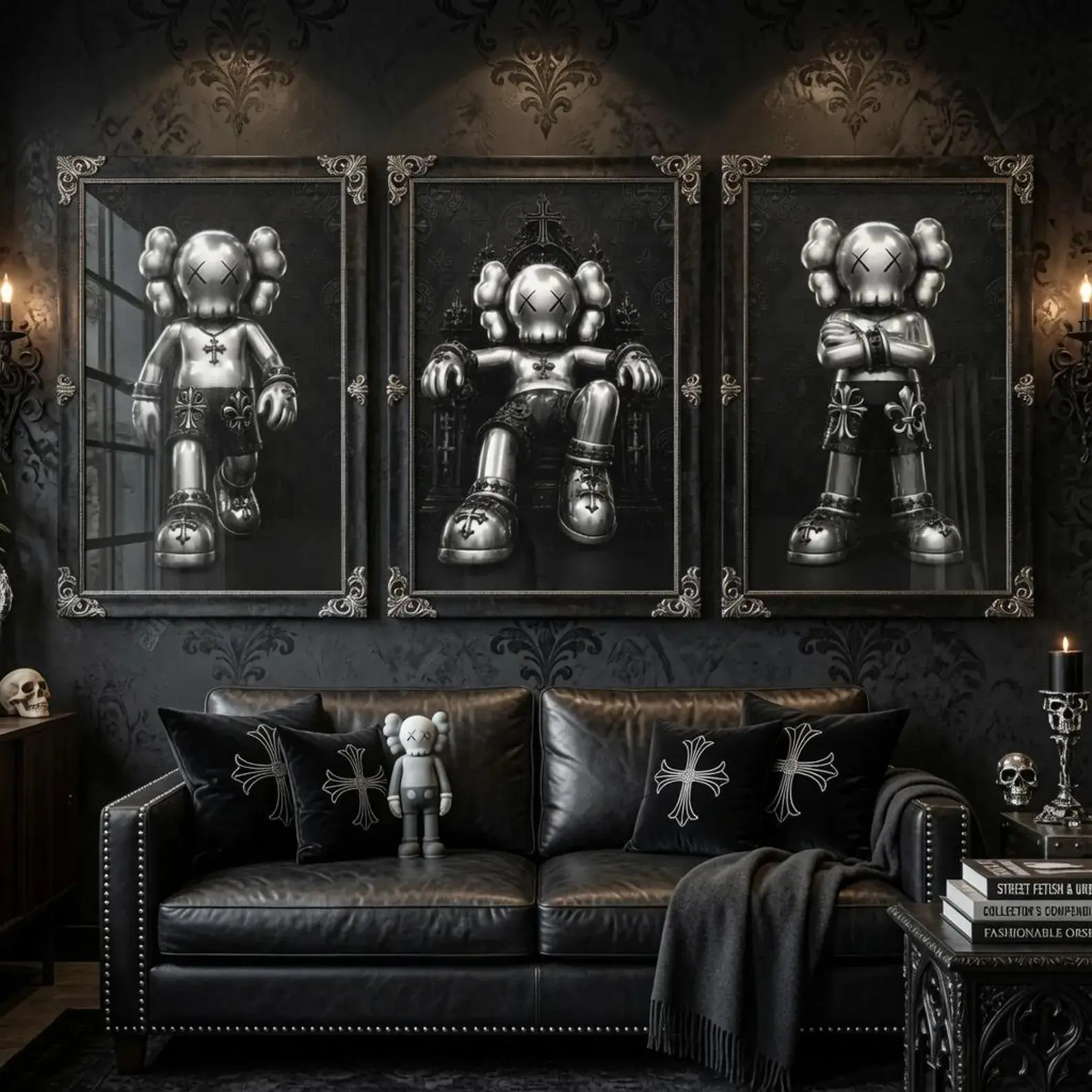 Luxury Kaws Chrome Hearts Hypebeast Wall Art Poster Set (3-Piece) - Black & Silver Figures Prints, Home Decor for Hypebeast Rooms