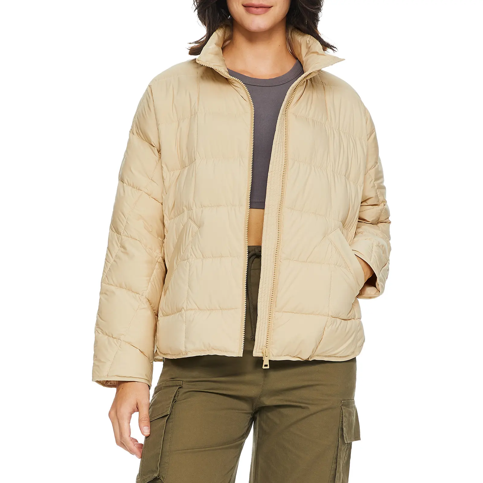 Orolay Women's Cropped Puffer Jacket, Lightweight Quilted Down Coat with Water-Resistant Fabric and Stand Collar for Spring and Winter Comfort Womenswear Tops Outerwear
