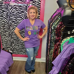 MULTI COLOR & MULTI FABRIC DOULE STACKED "MARDI GRAS" LETTERING ON PURPLE V-NECK T-SHIRT | ONE SMALL ONLY | Charlotte's Classy Closet