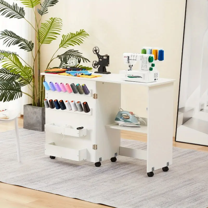 Folding Sewing Table, Portable Craft Station with Storage Shelf, Caster Wheels, 16 Pegs, Magnetic Door Folding Sewing Table, Portable Craft Station with Storage Shelf, Caster Wheels, 16 Pegs, Magnetic Door