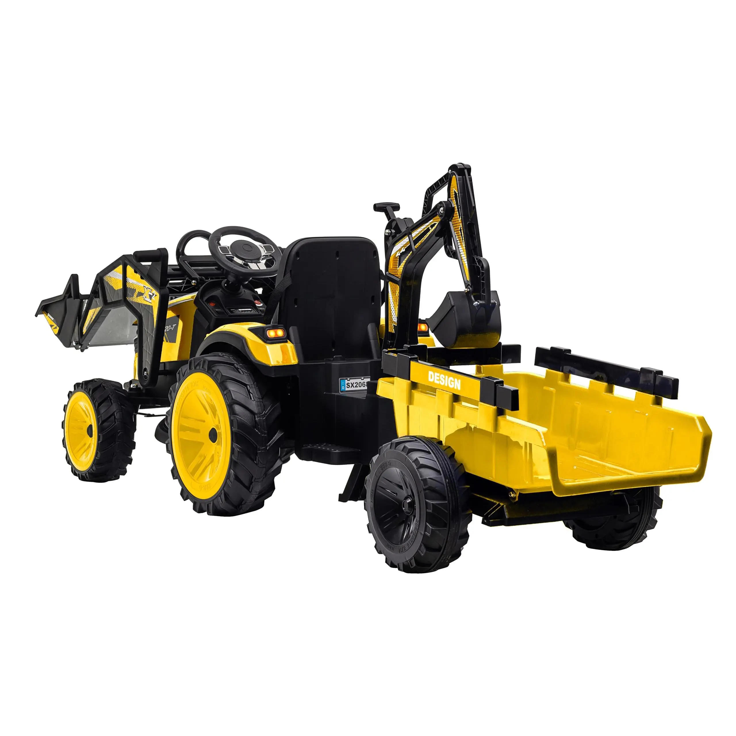 GARVEE 3-in-1 Electric Ride-On Tractor with 4-Wheel Design, Excavator & Bulldozer Functions, Trailer, Shovel Bucket, Remote Control, EVA Tires, LED Lights, Music, USB & Bluetooth - Yellow, Four Wheel Design, Ages 3-4
