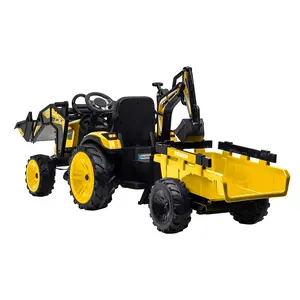 GARVEE 3-in-1 Electric Ride-On Tractor with 4-Wheel Design, Excavator & Bulldozer Functions, Trailer, Shovel Bucket, Remote Control, EVA Tires, LED Lights, Music, USB & Bluetooth - Yellow, Four Wheel Design, Ages 3-4