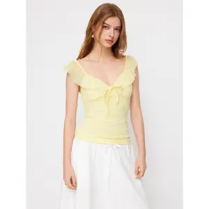 Cider Sweetheart Neck Ruffle Trim Bowknot Blouse SummerWins Dealsforyou