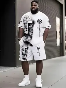 Men's Large Size 3D Lion Jesus Art Short Sleeve Beach Pants Set, Drawstring Waist, Pocket Design, Casual Vacation Wear Outfit