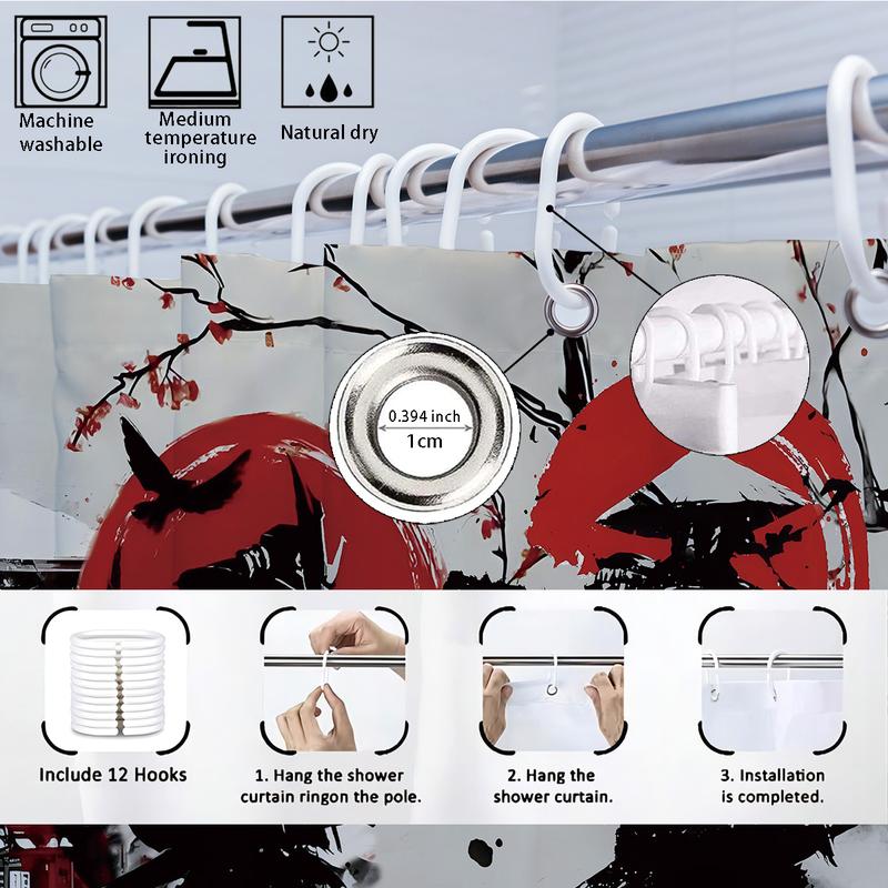 Japanese Ukiyo-e Samurai Shower Curtain Set, 1 Count Shower Curtain Or 4 Counts Bathroom Decoration Set Including Shower Curtain, Bath Mat, Toilet Lid Cover, U-Shaped Mat, Bathroom Accessories, with 12 Hooks