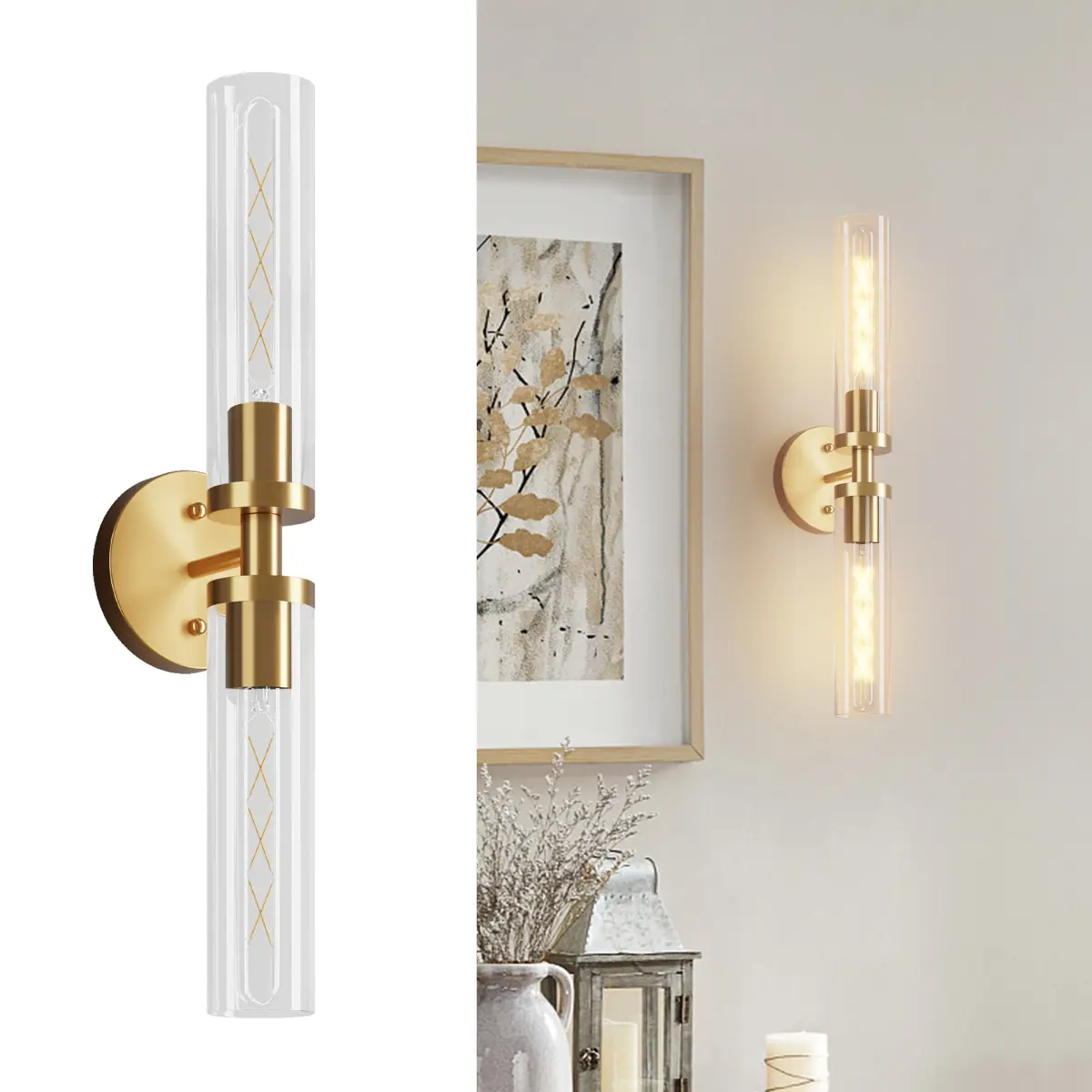 Wall Sconces Set of Two, Hardwired Gold Bathroom Sconces Wall Lighting with Clear Glass, Modern Sconces Wall Decor Set of 2 Wall Light fixtures for Bathroom Mior Hallway (Bulbs Not Included)