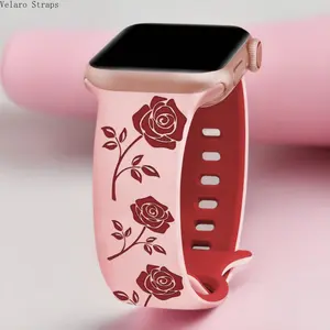 Two-tone Engraved Silicone Watch Band, Rose Butterfly Laser Carved Design with 8-shaped Adjustable Buckle, Fashion Replacement Wristband for Smart Watch