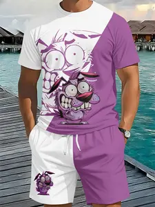 Men's 3D Digital Printed Two-piece Set with Purple and White Contrast Cartoon Print, 2 Pieces, Trendy Retro Casual Outfit, Tropical Vacation-style Fashion Wear, Breathable Sporty Casual Style, Ideal Holiday Gift for Men
