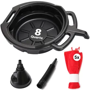 Oil Change Kit - Includes 8-Quart Oil Pan, Longneck Oil Funnel with Removable Filter, and 5 Pack of Shop Towels - Motor Oil Drain pan for Changing Oil - Oil Change Value Kit with by Foxtrot Living