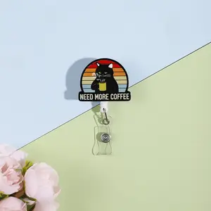 YAZMEEN Retractable ID Lanyard: Black Cat “Need More Coffee” Theme ID Holder – Fun Black Glitter ID Lanyard – The Perfect Gift for Coffee Lovers, Office Workers, Nurses, Doctors, and Teachers