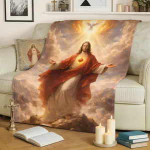 Sacred Heart of Jesus Christ Flannel Blanket Soft Cozy Plush Throw Perfect Christian Faith Gift Warm Snuggle Blanket for Bedroom Prayer Space Heavenly Holy Spirit Mountain Design