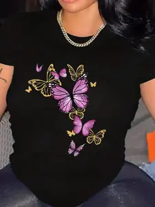 Women's Butterfly Print Round Neck Tee, Fashion Casual Crew Neck T-Shirt for Daily Holiday Vacation Outdoor Wear, Ladies Clothes for Summer