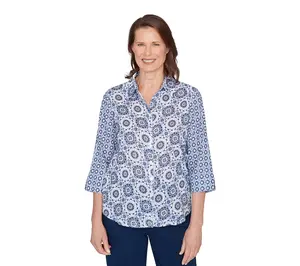 Alfred Dunner Petite Geometric Button Front Collared Top
