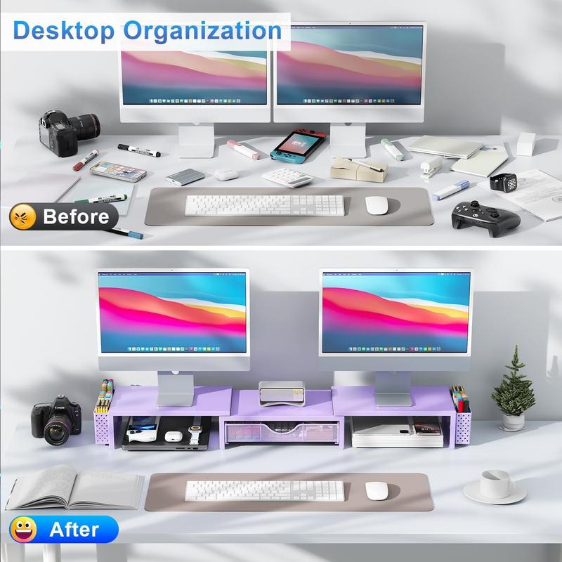 Dual  Stand Riser, Desk Organizer With Drawer and 2 Pen Holders, Desk Organizers and Accessories, Purple Office Decor (Purple)
