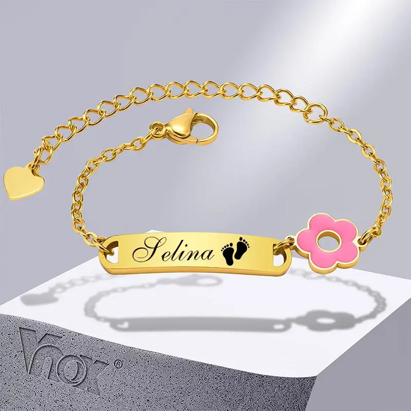 Vnox Free Custom Names Birth Date ID Bracelets for Girls Boys, Anti Allergy Stainless Steel Baby Baptism Gifts Jewelry