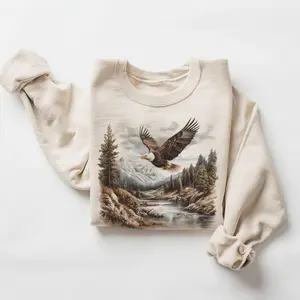 Retro Bald Eagle River Scene Sweatshirt - 90s Birds Of Prey Forest Nature - Boho Unisex Crewneck Sweatshirt Cotton Pullover