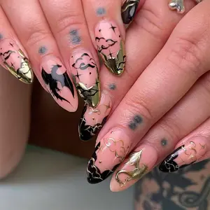 24 pieces of press on nails almond cool black gold western flame dragon black gold dragon scales cute clouds y2k gold star French fake nails with jelly glue 1 piece file 1 piece