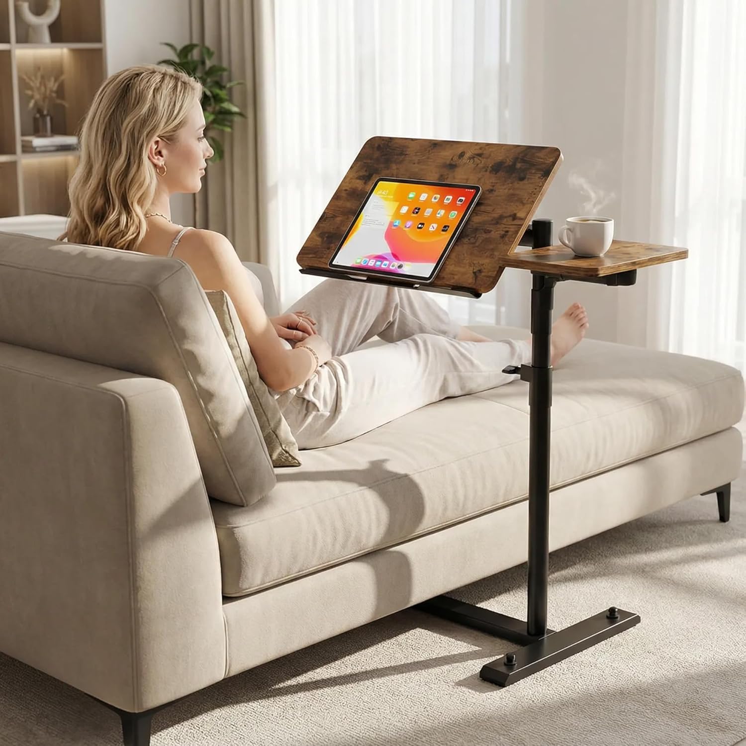 YUHFERA Rolling Table for Laptop Stand, Height and Angle Adjustable Over Bed Table with Wheels, Tilt-Top Laptop Desk for Couch with Cup Holder, Bed Table Tray for Eating