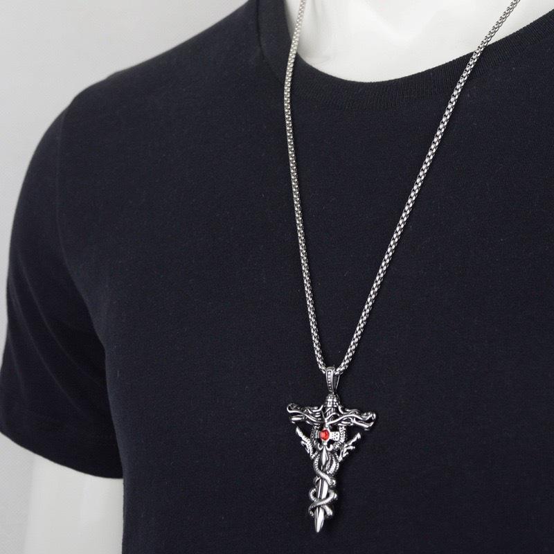Cross Necklace for Men, Double Dragon Sword Pendant, Men's Unique Accessories, Vintage Fashion Accessories