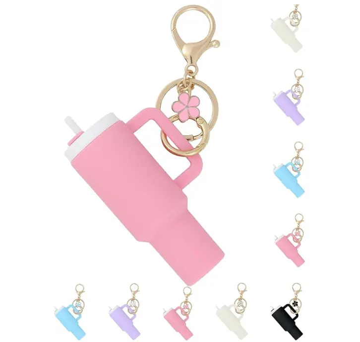 Cute keychain， mini cup shaped keychain,fashionable full set exquisite birthday gift keychain, stocking stuffers for girlfriend, portable keychain, Mini Tumbler Keychain for Lip Balm， Mother's Day gifts ，springtok Pink Charms