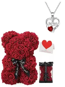 Mother's Day Gift Set, Heart Ruby Necklace, Handmade Eternal Flower, Teddy Bear Kit, Rose Bear Set, Express Love for Mom