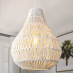 2024 Boho White Pendant Light, 13.7" Coastal Rattan Lights Fixture Bohemian Chandeliers Wicker Hand Woven Basket Hanging Lighting for Kitchen Island Dining Living Room Restaurant Foyer Hallway