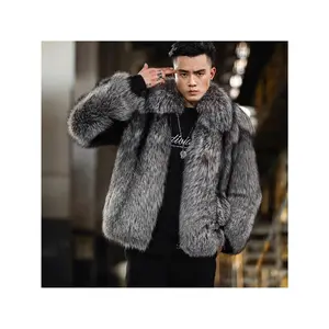 Men's Fluffy Coat, Thick Warm Short Silver Fox Color Collar Zip Up Jacket, Casual Style Young Brand For Autumn/Winter