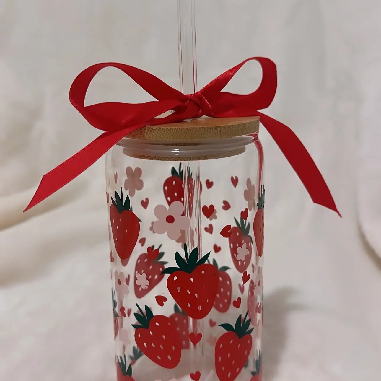 Valentine’s day Strawberry Glass Cup With Straw and Lid
