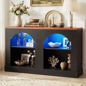 iSunirm Arched Entryway Table with LED Lights, 47" Farmhouse Console Table with Adjustable Shelves, Sofa Table Behind Couch, Sideboard Buffet Storage Cabinet for Entrance/Hallway/Living Room