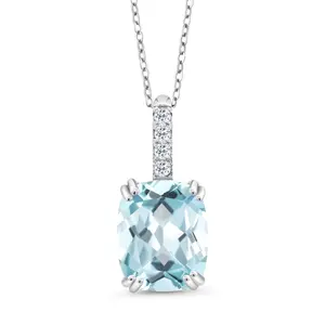 Gem Stone King 925 Silver Simulated Aquamarine and Gemstone Birthstone Pendant Necklace for Women | Cushion Cut 10X8MM with 1.5MM Round Accent | 18-Inch Chain | Fine Jewelry Gifts for Her, Mom, Wife, Women