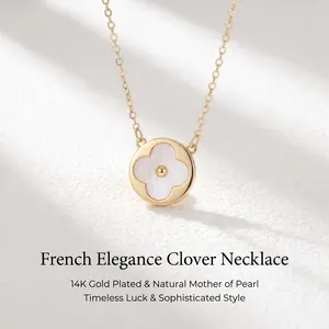 Lucky 14K Gold Filled Four Leaf Clover Necklace for Women Mother of Pearl Pendant Hypoallergenic Jewelry 16" with 3" Extender Birthday Gift for Her Date Night Party Accessories Dainty Fashion Layer, Mother Pearl