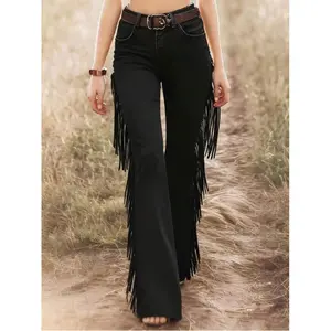 Womens High Waisted Flared Jeans Fringe Trim Slim Fit Denim Pants Casual Daily Trousers