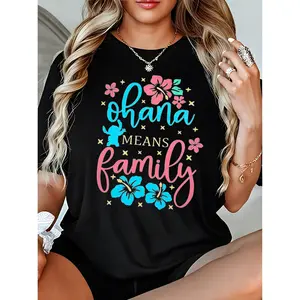 Women's Ohana Means Family Hawaiian T-Shirt Tropical Graphic Crew Neck Short Sleeve 100% Cotton Black Top Womenswear
