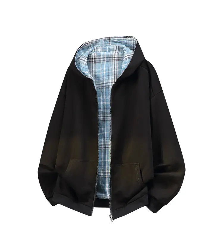 Menswear Reversible Retro Plaid Lining Zip-Up Hoodie Sweatshirt - Stylish Casual Tops for Men, Plus Size, Long Sleeves, Clean Plain Design, Slim Fit, Back-to-School